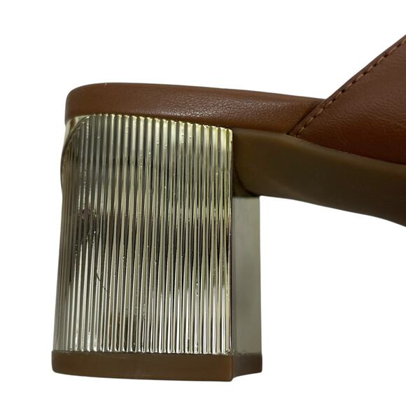 Michael Kors Paloma Flex Mule Sandals Gold Block Heel Brown Size 7M - Picture 8 of 11